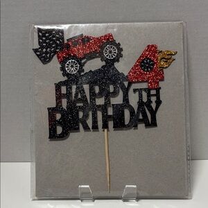 Glitter Monster Truck Happy 4th Birthday Cake Topper - Black and Red